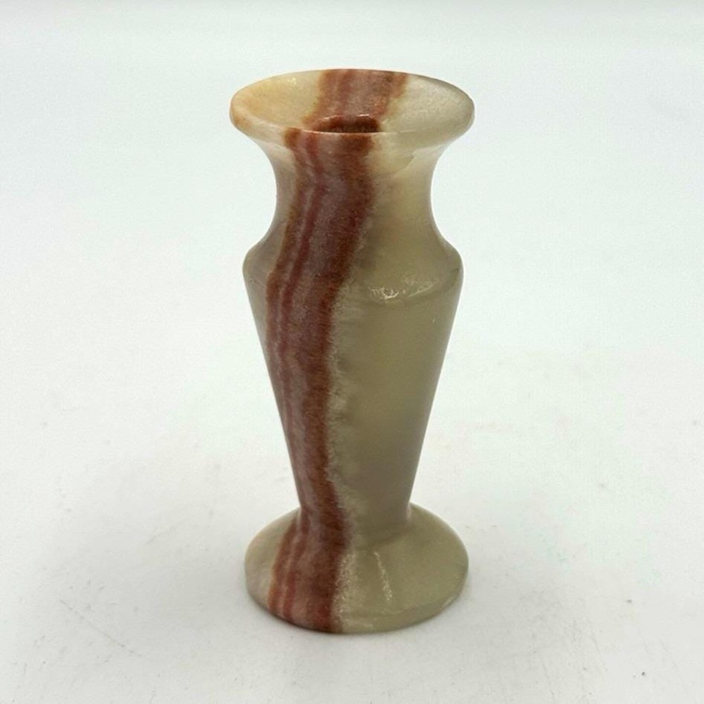 Marbled Stone Trumpet Bud Vase Beige Brown Decorative Freestanding 3in Tall